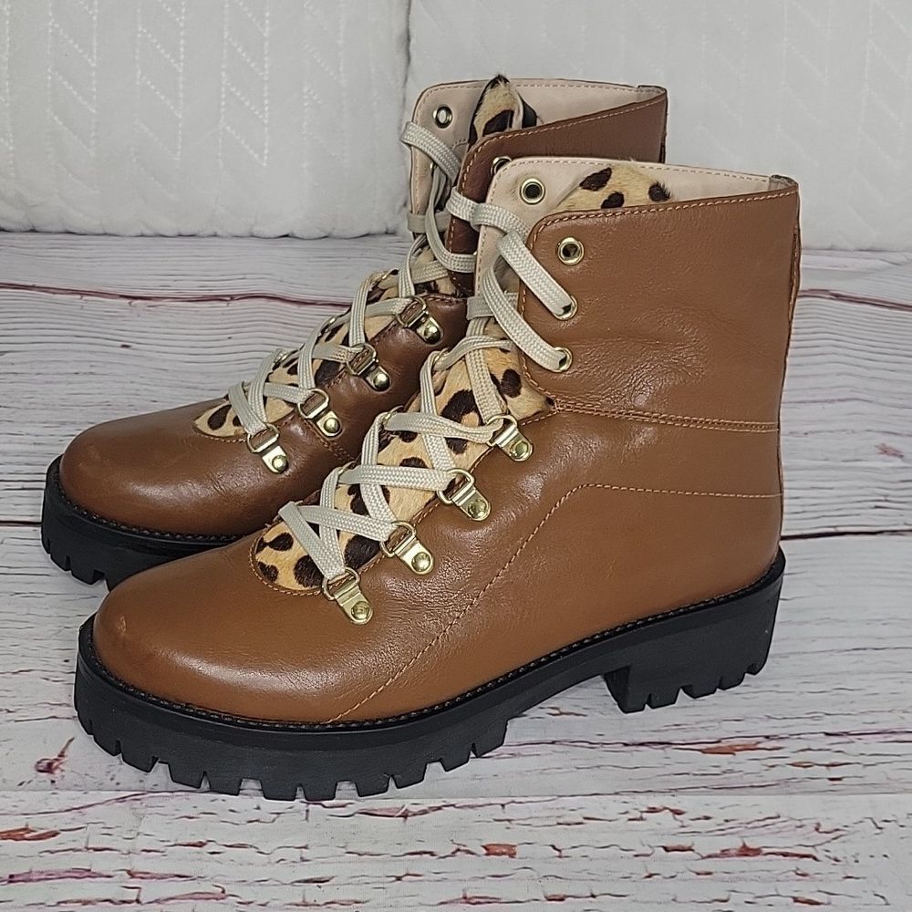 STEVE MADDEN Brown Leather Boots with Leopard Print Size 9